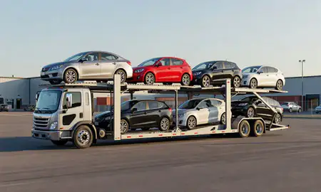 Car transporter loaded with vehicles in Wilder, Vermont, United States