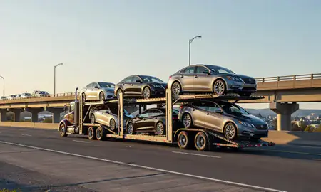 Car transporter with the Wilder, Vermont, United States skyline behind it