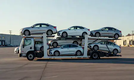 Car transporter loaded with vehicles in Winooski, Vermont, United States