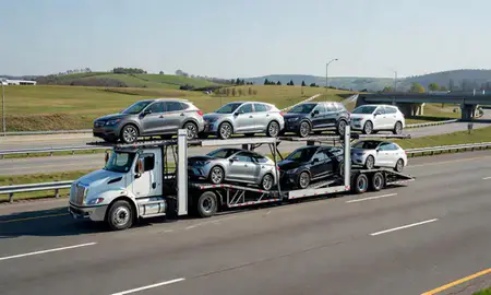 Multi-level car carrier on the highway to Virginia, United States