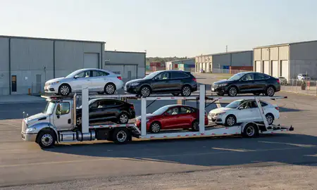 Car transporter loaded with vehicles in Virginia, United States