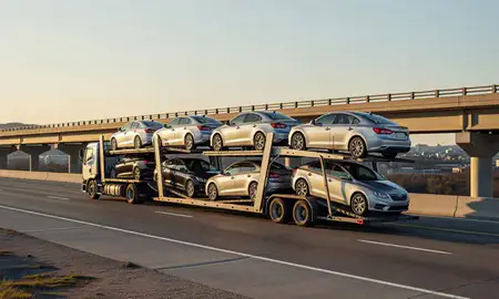 Car transporter with the Virginia, United States skyline behind it