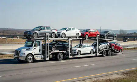 Multi-level car carrier on the highway to Alexandria, Virginia, United States