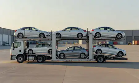 Car transporter parked in an industrial area of Alexandria, Virginia, United States