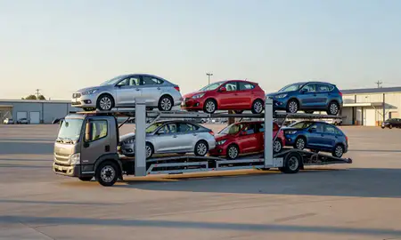 Car transporter loaded with vehicles in Alexandria, Virginia, United States