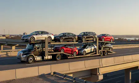 Car transporter with the Alexandria, Virginia, United States skyline behind it