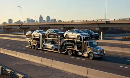 Car transporter with the Arlington, Virginia, United States skyline behind it