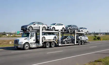Multi-level car carrier on the highway to Ashburn, Virginia, United States
