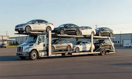 Car transporter loaded with vehicles in Ashburn, Virginia, United States