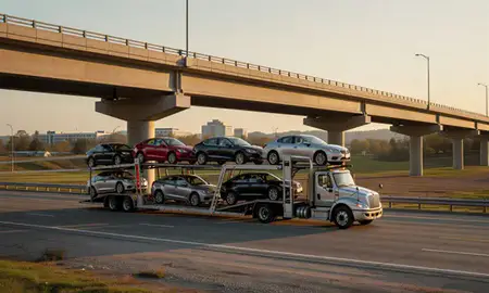 Car transporter with the Ashburn, Virginia, United States skyline behind it