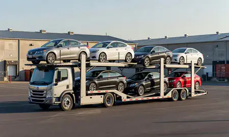 Car transporter loaded with vehicles in Blacksburg, Virginia, United States
