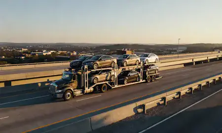 Car transporter with the Blacksburg, Virginia, United States skyline behind it
