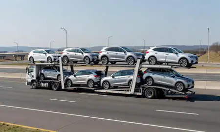 Multi-level car carrier on the highway to Burke, Virginia, United States