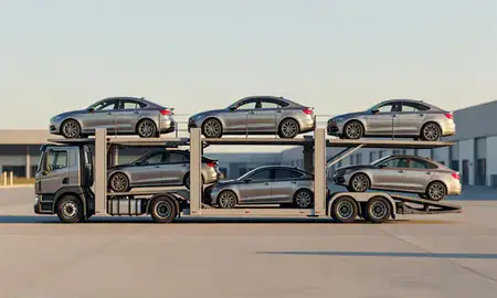 Car transporter parked in an industrial area of Burke, Virginia, United States