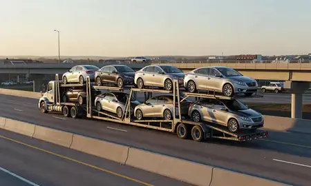 Car transporter with the Burke, Virginia, United States skyline behind it