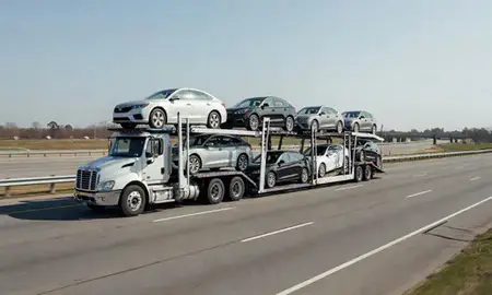 Multi-level car carrier on the highway to Centreville, Virginia, United States