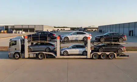 Car transporter parked in an industrial area of Centreville, Virginia, United States