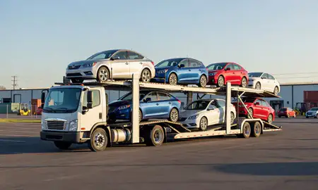 Car transporter loaded with vehicles in Centreville, Virginia, United States
