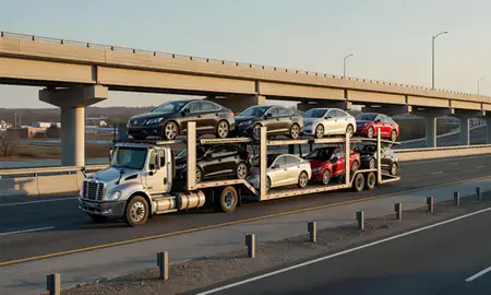 Car transporter with the Centreville, Virginia, United States skyline behind it