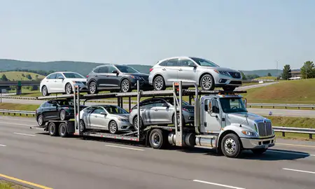 Multi-level car carrier on the highway to Charlottesville, Virginia, United States