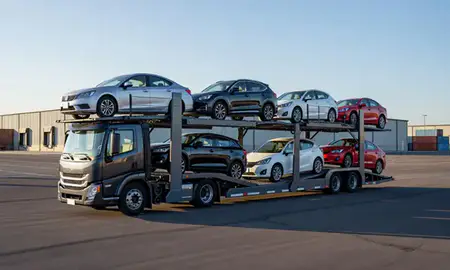 Car transporter loaded with vehicles in Charlottesville, Virginia, United States