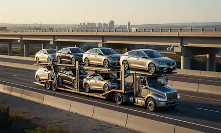 Car transporter with the Charlottesville, Virginia, United States skyline behind it
