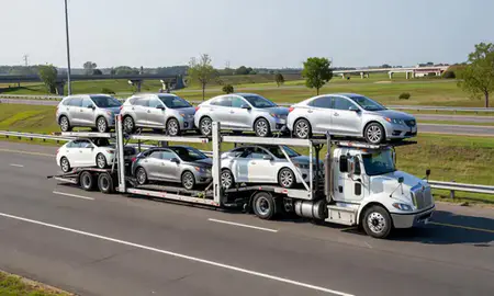 Multi-level car carrier on the highway to Chesapeake, Virginia, United States