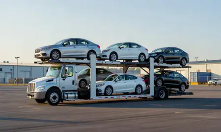 Car transporter loaded with vehicles in Chesapeake, Virginia, United States