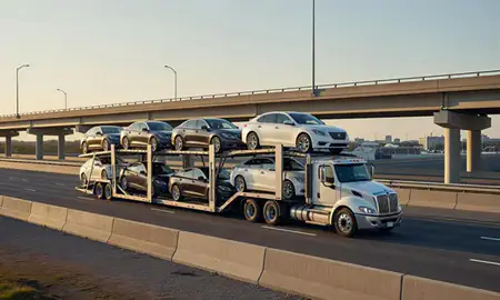 Car transporter with the Chesapeake, Virginia, United States skyline behind it
