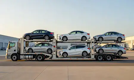 Car transporter parked in an industrial area of Dale City, Virginia, United States