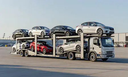 Car transporter loaded with vehicles in Dale City, Virginia, United States