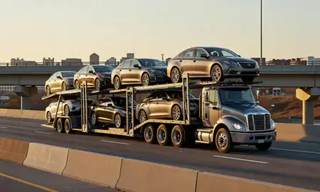 Car transporter with the Dale City, Virginia, United States skyline behind it