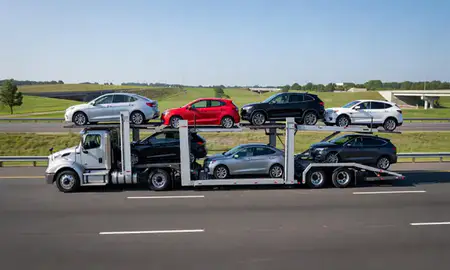 Multi-level car carrier on the highway to Fredericksburg, Virginia, United States