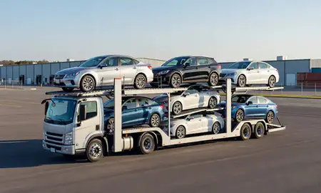 Car transporter loaded with vehicles in Fredericksburg, Virginia, United States
