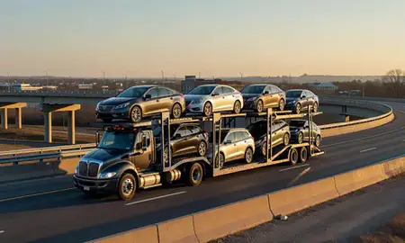 Car transporter with the Fredericksburg, Virginia, United States skyline behind it