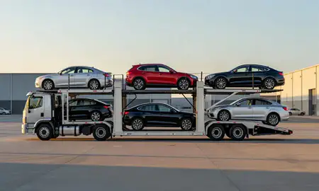 Car transporter parked in an industrial area of Hampton, Virginia, United States