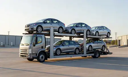 Car transporter loaded with vehicles in Hampton, Virginia, United States