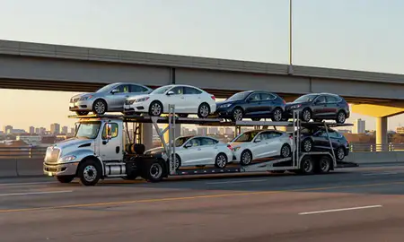 Car transporter with the Hampton, Virginia, United States skyline behind it