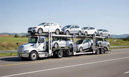 Multi-level car carrier on the highway to Harrisonburg, Virginia, United States