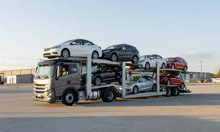Car transporter loaded with vehicles in Harrisonburg, Virginia, United States