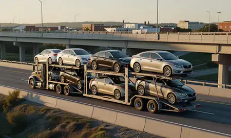 Car transporter with the Harrisonburg, Virginia, United States skyline behind it
