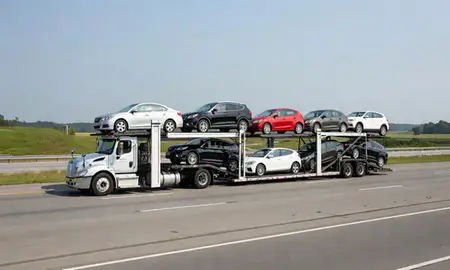 Multi-level car carrier on the highway to Lake Ridge, Virginia, United States