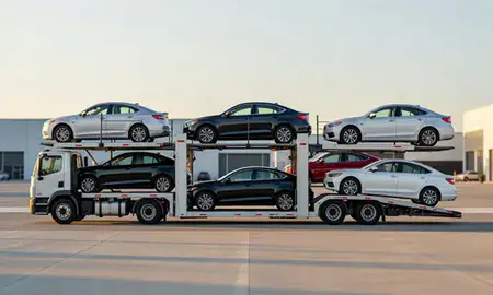 Car transporter parked in an industrial area of Lake Ridge, Virginia, United States