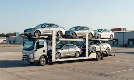 Car transporter loaded with vehicles in Lake Ridge, Virginia, United States