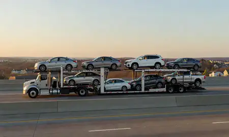 Car transporter with the Lake Ridge, Virginia, United States skyline behind it