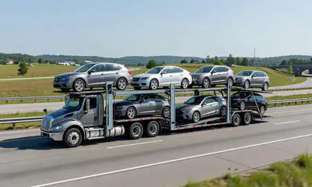 Multi-level car carrier on the highway to Leesburg, Virginia, United States