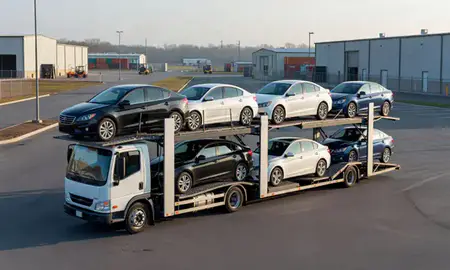 Car transporter loaded with vehicles in Leesburg, Virginia, United States