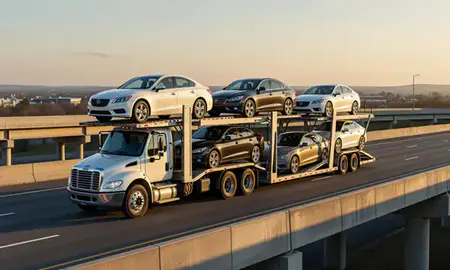 Car transporter with the Leesburg, Virginia, United States skyline behind it