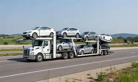 Multi-level car carrier on the highway to Linton Hall, Virginia, United States