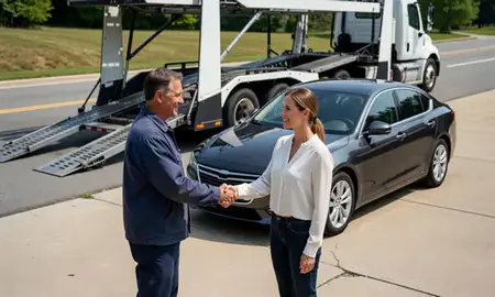 Vehicle owner beside their delivered car in Linton Hall, Virginia, United States